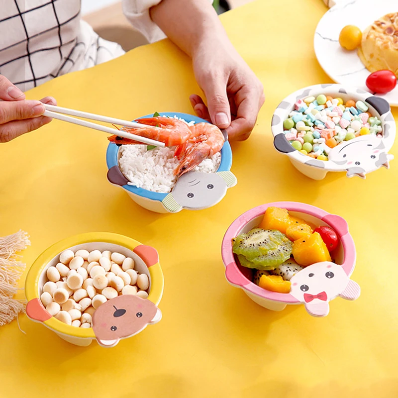 Bamboo Fiber Food Plates For Children Fall-proof Baby Feeding Bowl Cartoon Kids Tableware Toddler Complementary Soup Bowls