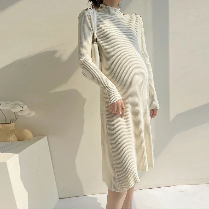 

2301# Autumn Winter Thick Warm Knitted Maternity Dress Elegant A line Slim Sweaters Clothes for Pregnant Women Chic Pregnancy