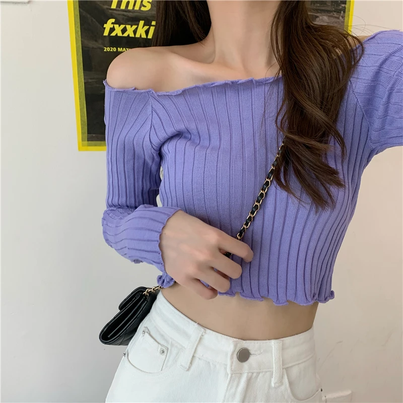 Heliar Women Off Shoulder T-shirts Female Long Sleeve Sexy Slim Fit Cropped Ribbed Tops Ruffles Edge Tops For Women 2024 Spring