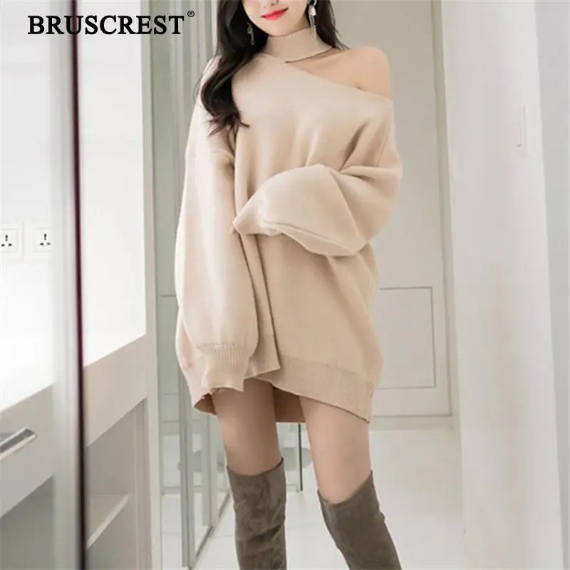 Off Shoulder Sweater Women Winter Lantern Sleeve Sweater Pullover Knitted Korean Loose Turtleneck Sweaters Ladies Vintage Top