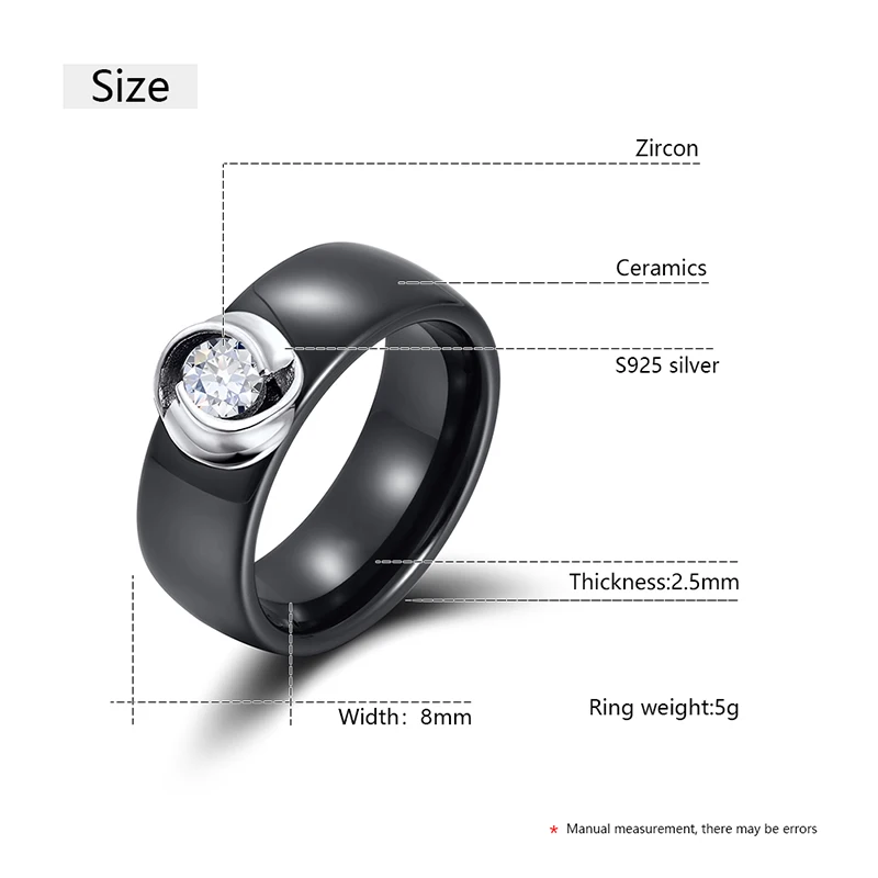 8mm Black White Ceramic Rings Plus Cubic Zirconia For Women Girl Elegant 925 Sterling Silver Women Wedding Ring Fashion Jewelry