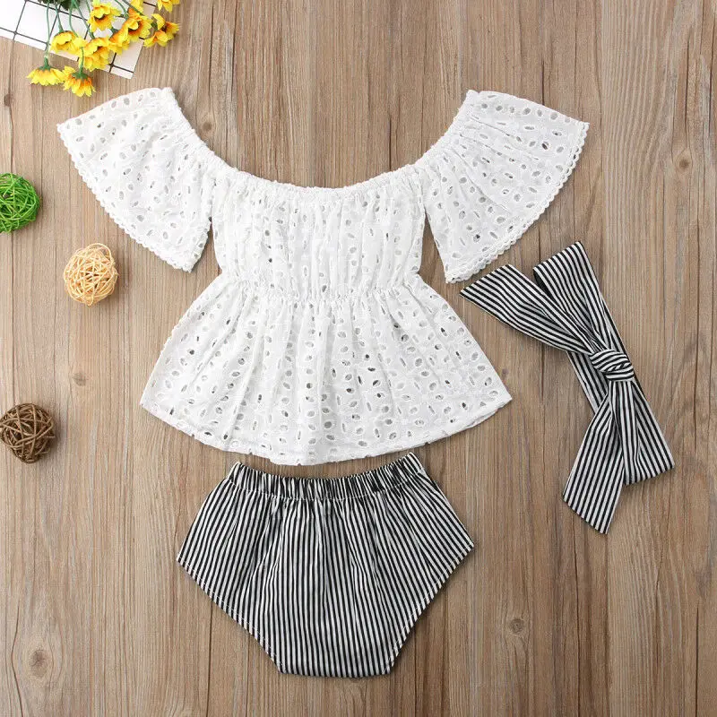 0-24M Baby Girls Summer Clothes Set Newborn Infant Lace Off Shoulder Short Sleeve Top  + Stripe Shorts + Headband 3Pcs Outfits