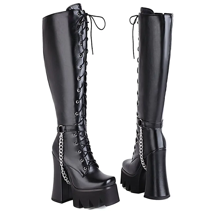 Sgesvier Brand Design Female Motorcycle Boots Black Super High Heel Knee-High Boots Platform With Chain 2021 Street Woman Shoes