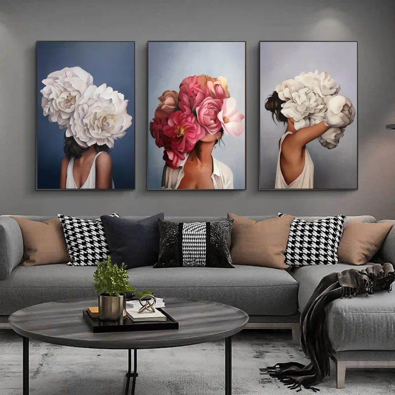 

Nordic Woman Head with Flowers Canvas Paintings On the Wall Art Posters And Prints Feather Girls Wall Pictures Home Cuadros