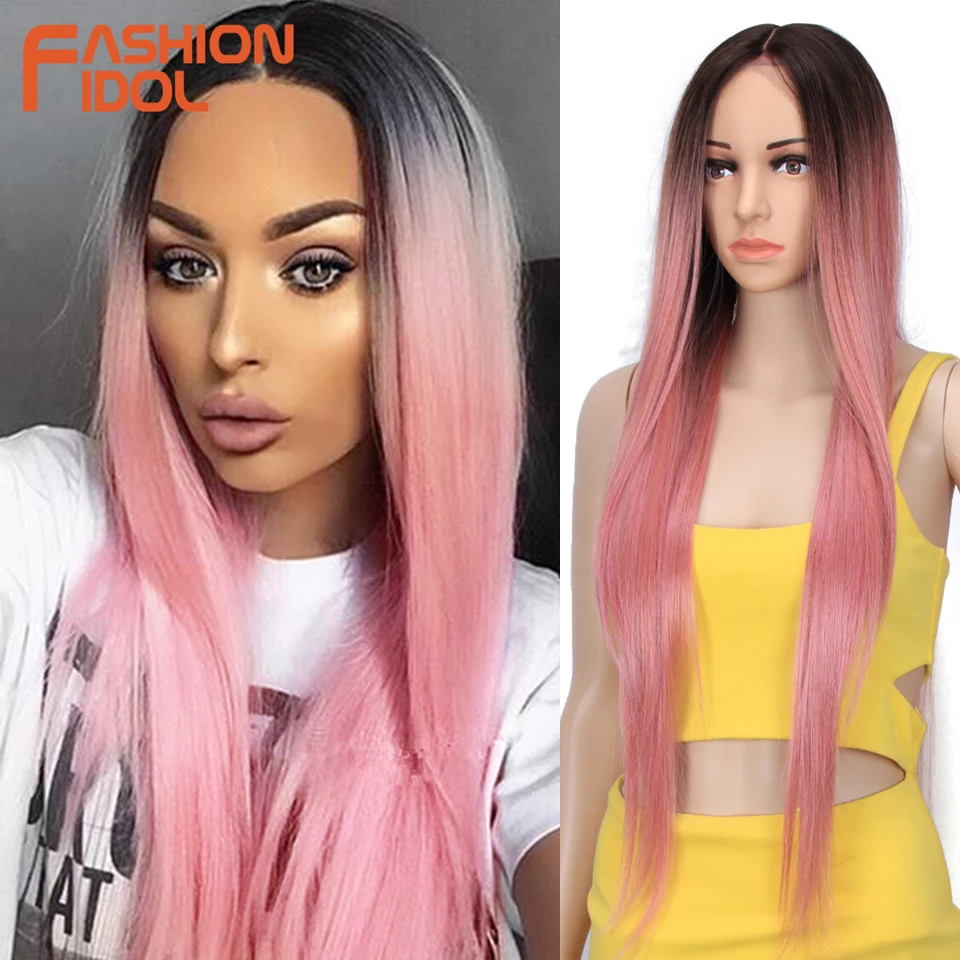 FASHION IDOL 34 Inch Long Straight Wig Middle Part Lace Full Head Ombre 613 Ponytail Wig Cosplay Wigs For Women Synthetic Hair