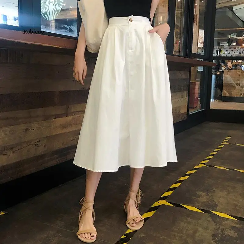 

Streetwear Elegant Long Skirts Womens Summer Autumn High Waist White Black Pleated Skirts Korean Skirts jupe femme