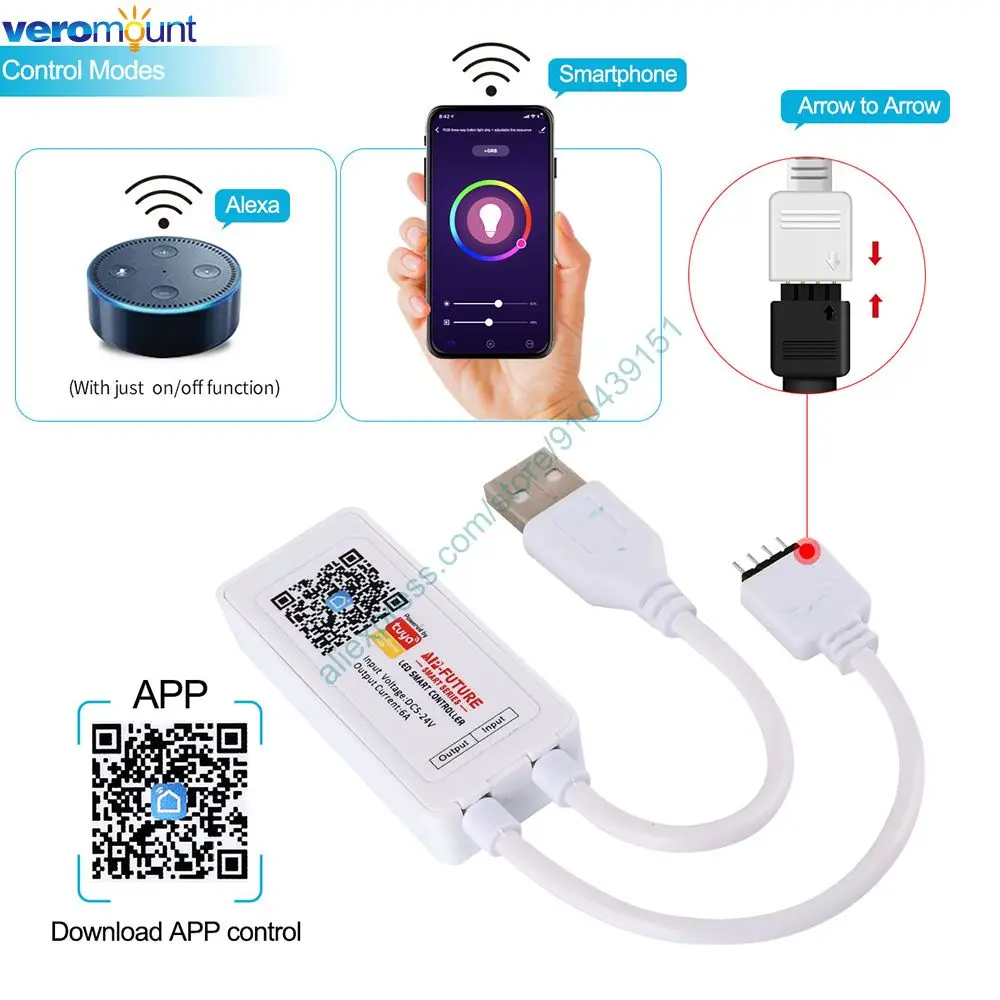 Imagem -02 - Inteligente Tuya Wifi Controlador de Led Rgb dc 5v24v Amazon Alexa Google Voice Ios Controle de Aplicativos Android dc Interface Usb para Tiras Rgb