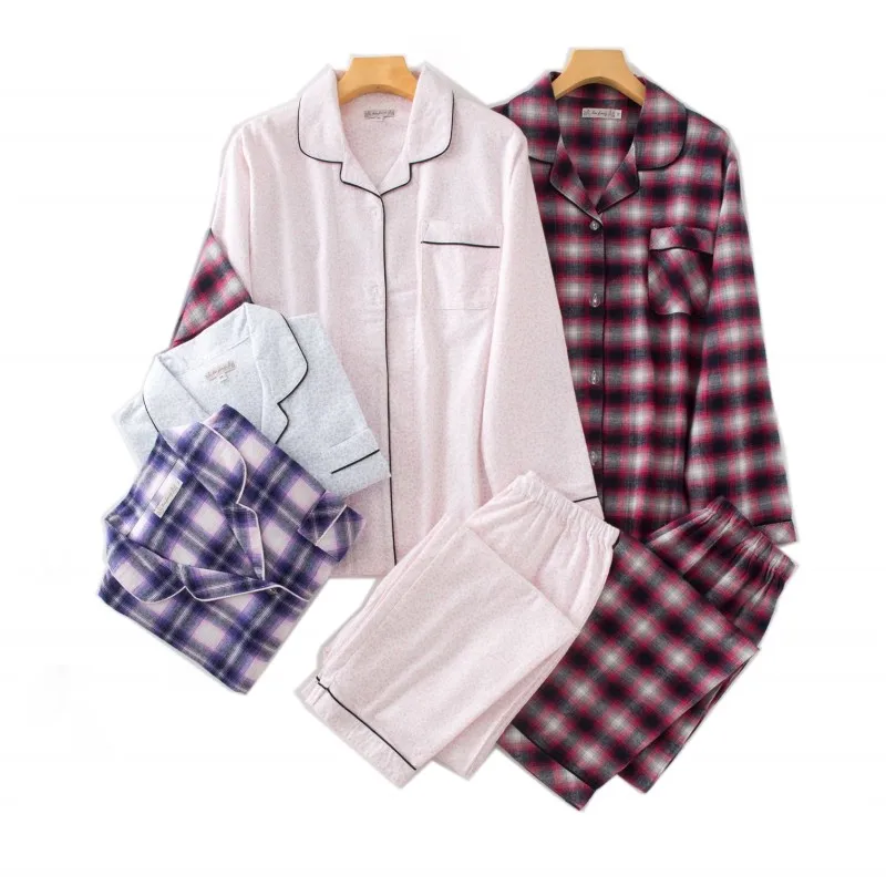 Conjuntos de pijama xadrez feminino casual, terno de pijama feminino, camisa e calça de gola virada para baixo, manga comprida, 100% algodão, primavera, outono, 2024