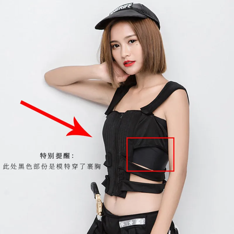 Tight Black Top And Shorts Female Policewoman Cosplay Women Halloween Police Costumes Nightclub Bar SWAT Role Play Party Dress