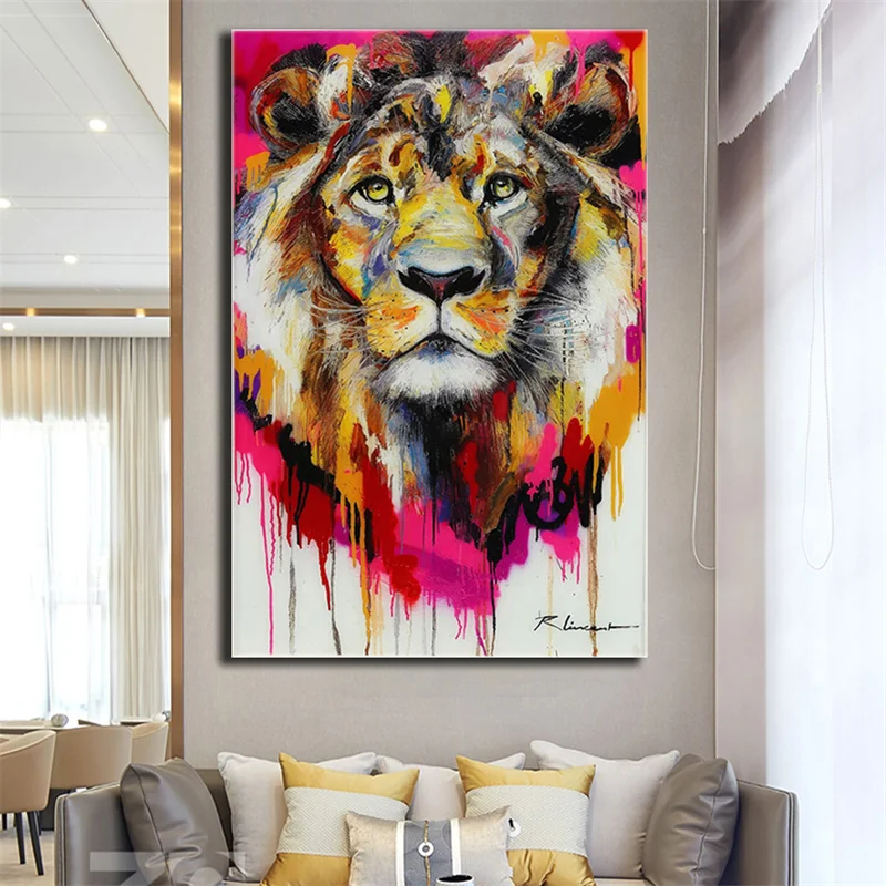 Customized abstract colorful lion painting modern animal decoration painting wallpaper papel de parede papier peint