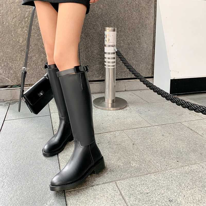 HOT sale Women knee-high boots Natural Leather Boots plus size 22-26.5cm Widened boot women\'s long boots Motorcycle boots