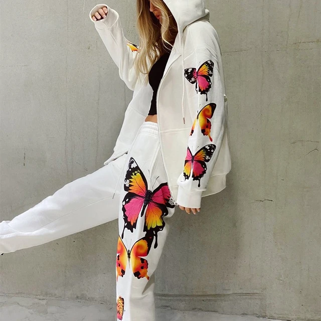 butterfly print zipper jacket hoodie sweatpants sweat suits women matching sets White black blue women tracksuit AliExpress