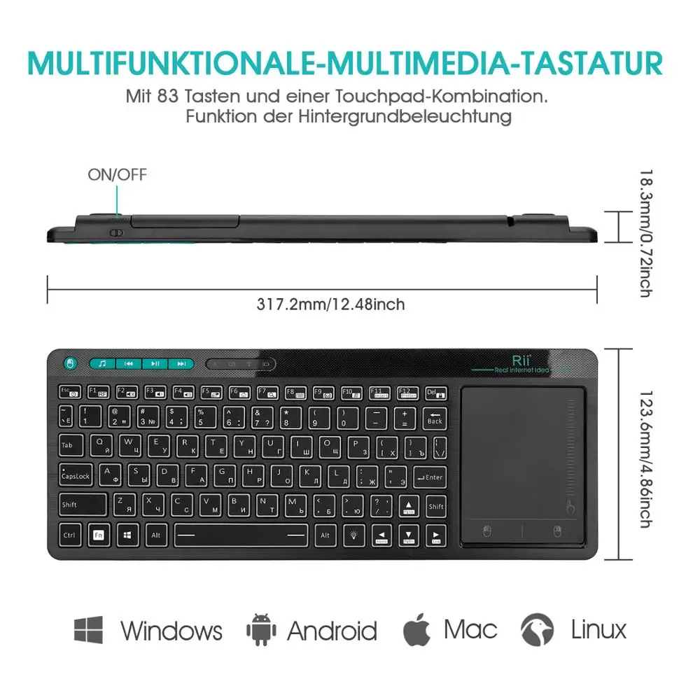 Imagem -03 - Plus Teclado Multimídia sem Fio Notebook 3-led Cor Retroiluminado Multi-touch para Android tv Boxpc Rii-k18