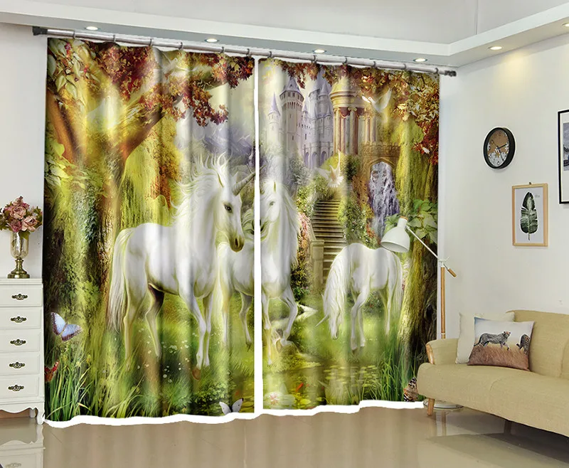 Leaf Blackout Curtains White Horse Window Curtain Living Room Kids Bedroom  Drapes  Customized Pillowcase