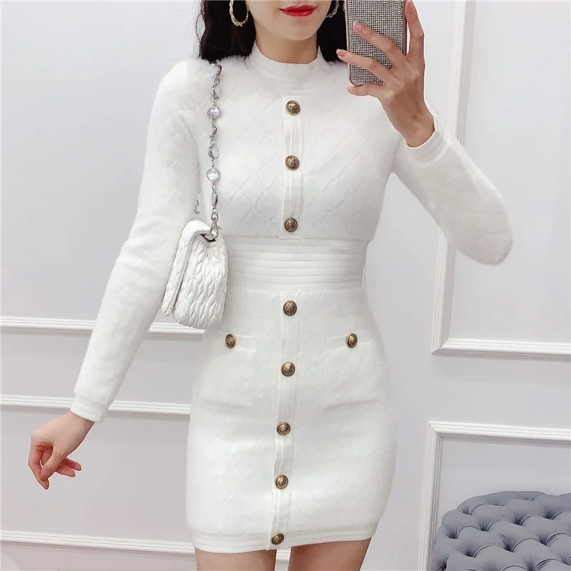 Style Korean New Womens Elegant O-Neck Single Breasted Long Sleeve Dress Office Lady Sexy Skinny Knitted Above Knee Dress