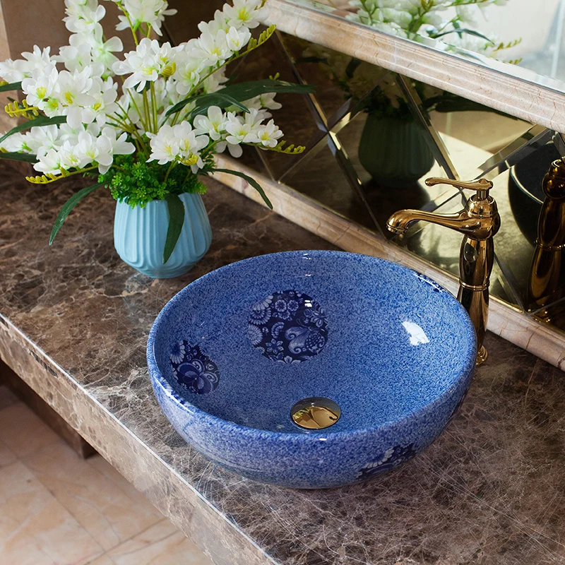 

China Painting Ceramic Painting Art Porcelain Bathroom Vessel Sinks Round blue above countertop wash basin