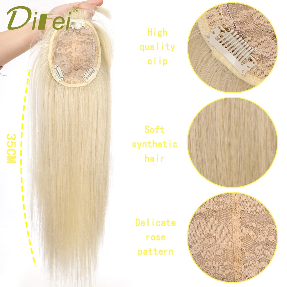 DIFEI Synthesis Topper pieza de cabello con flequillo, cabeza superior, cubierta de repuesto Natural, cabello blanco resistente al calor para