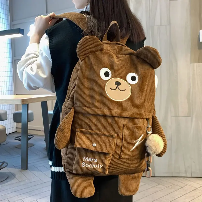 New Creative Cartoon Backpack Women Cute Bear Casual Backpacks Large Corduroy Embroidery Schoolbag For Teenage Student 2021