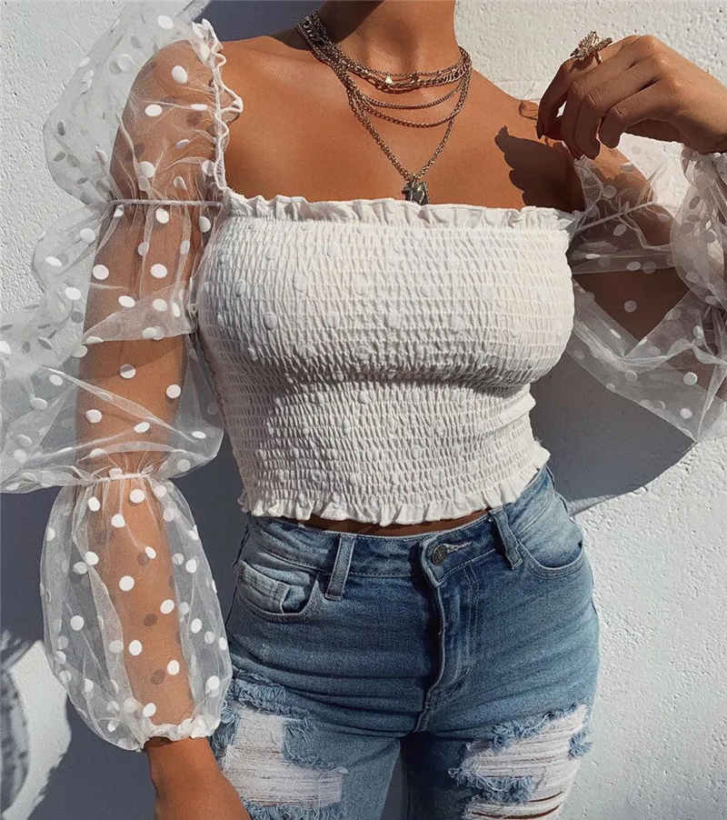 Dots Elastic Sexy Mesh Tops Women Lady See Through Sheer Full Sleeve T Shirt Ruched Slim Fit Strappy Fashion Crop top Autumn New