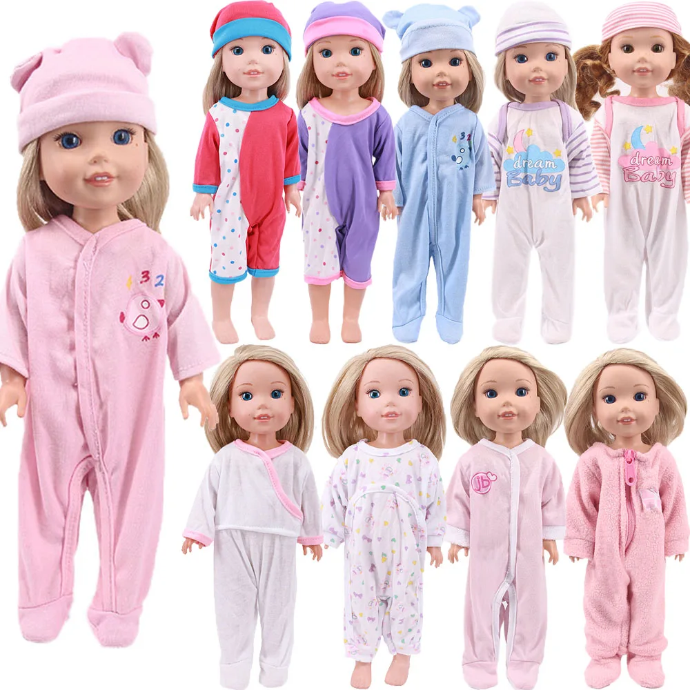 Doll Clothes Cotton Pajamas+Hat For 14.5Inch Wellie Wisher&32-34Cm Paola Reina&Nancy Stitching Color Design,Best Gift For Girls