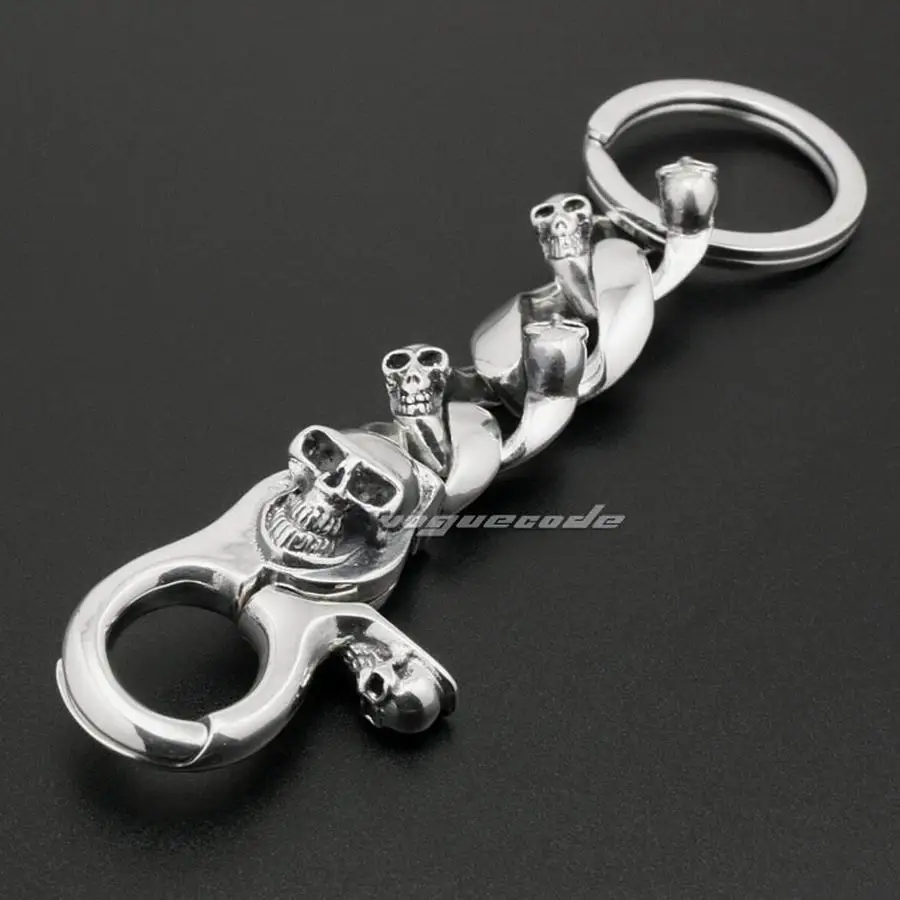 Skull Bone 925 Sterling Silver Belt Clip KeyRing Mens Biker Rocker Punk Keychain 8J002