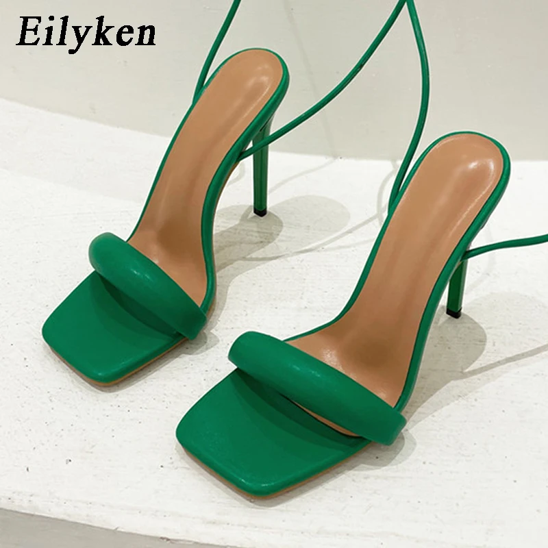 Eilyken Ankle Strap Green Women\'s High Heels Sandals Square Toe Female Party Shoes Sandalias De Mujer