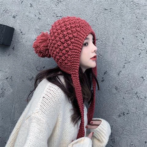 Autumn Winter Ear Protection Hat Women\'s Warm Knitting Tassel Baotou Girl Outdoor Leisure Solid Color Retro Student Blue