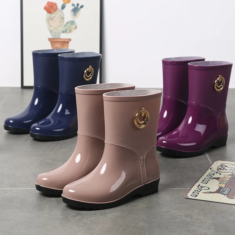 Fashion Rain Boots Women Waterproof Rubber Work Shoes Bottine Femme 2021 Winter Middle Tube Plus Velvet Slip on Rain Boots Lady