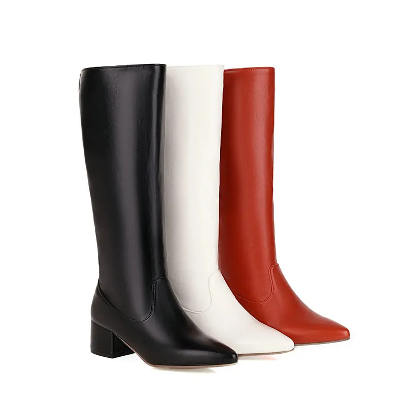 Black White Orange Women Knee High Boots Fashion Pointed Toe Square Heel Ladies Boots Short Plush Women Winter Shoes Big Size 43