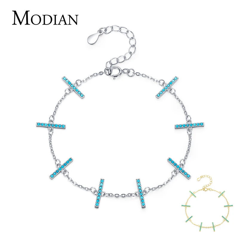 

MODIAN 925 Sterling Silver Simple Natural Turquoise Charm Link Chain Bracelet For Women 2021 Vintage Fashion Jewelry Pulseira