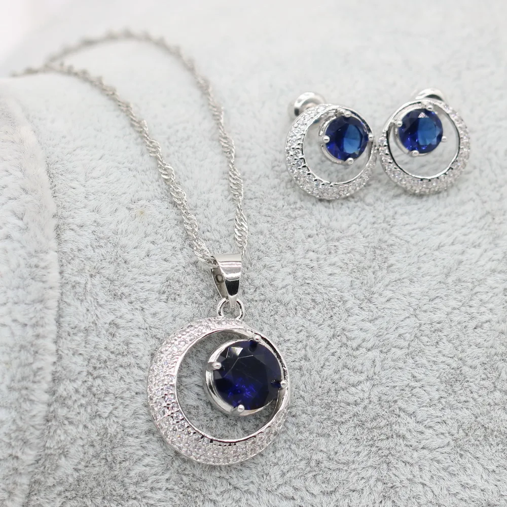 2021 Newest blue Semi-precious Silver Color Jewelry Sets For Women Wedding Earrings Necklace Pendant Free Gift Box