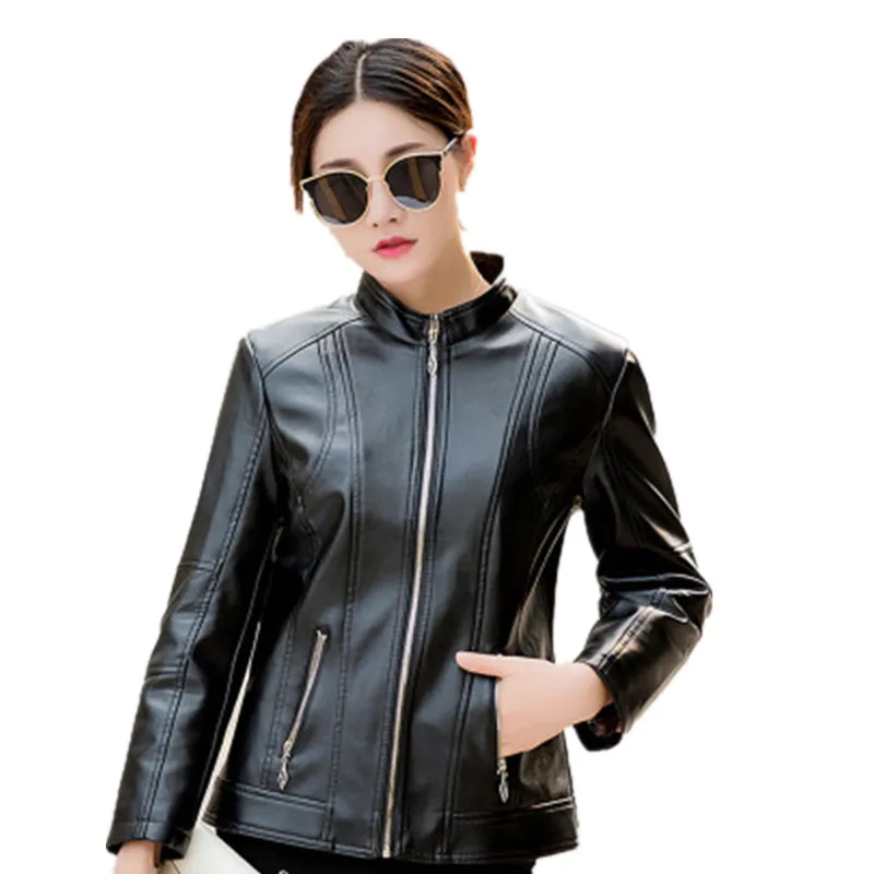 Woman 2022 Design Spring Autumn PU Leather Jacket Faux Leather Soft Coat Slim Black Zipper Motorcycle Jackets A72