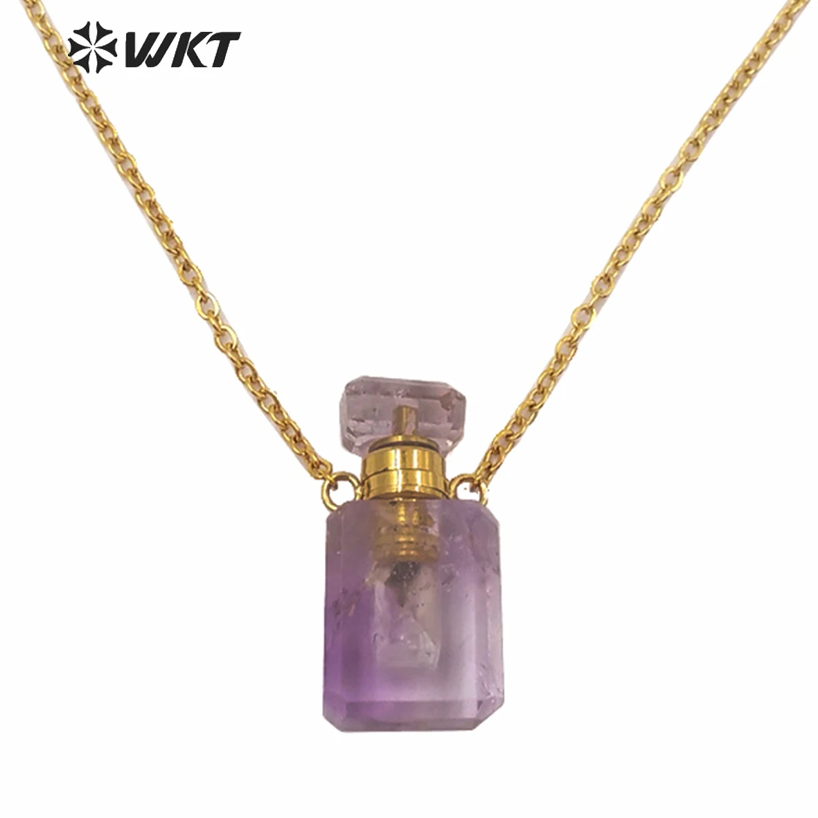 

WT-N1239 Amazing Gold Electroplated Mini Cabochon Faceted Natural Stone Perfume Bottle Necklace Women Hot Essencil Oil Decorated