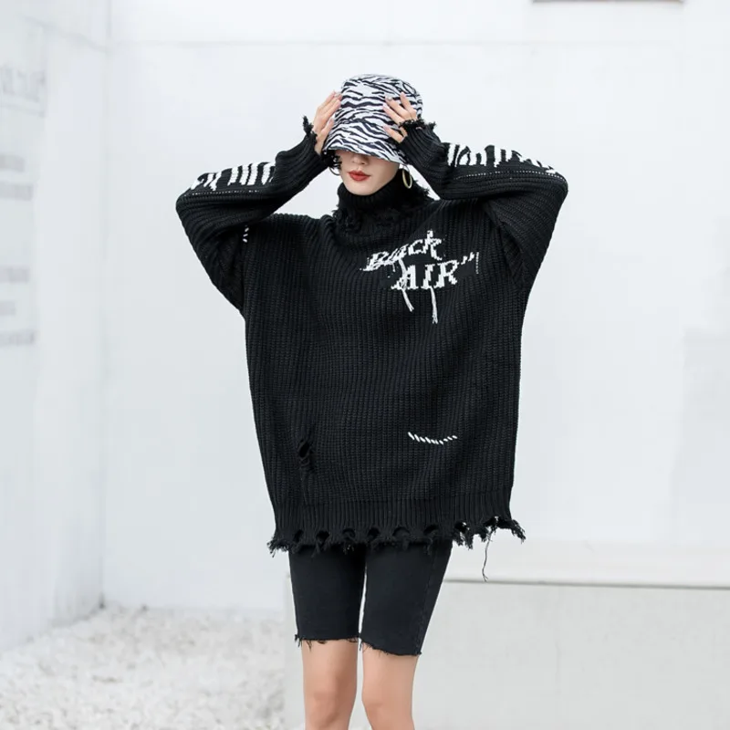 Knitted Turtleneck Plus Velve Sweater 2022 Winter Punk Rock Unisex Vintage Oversize Couple Ripped Pullovers Sweaters Tops