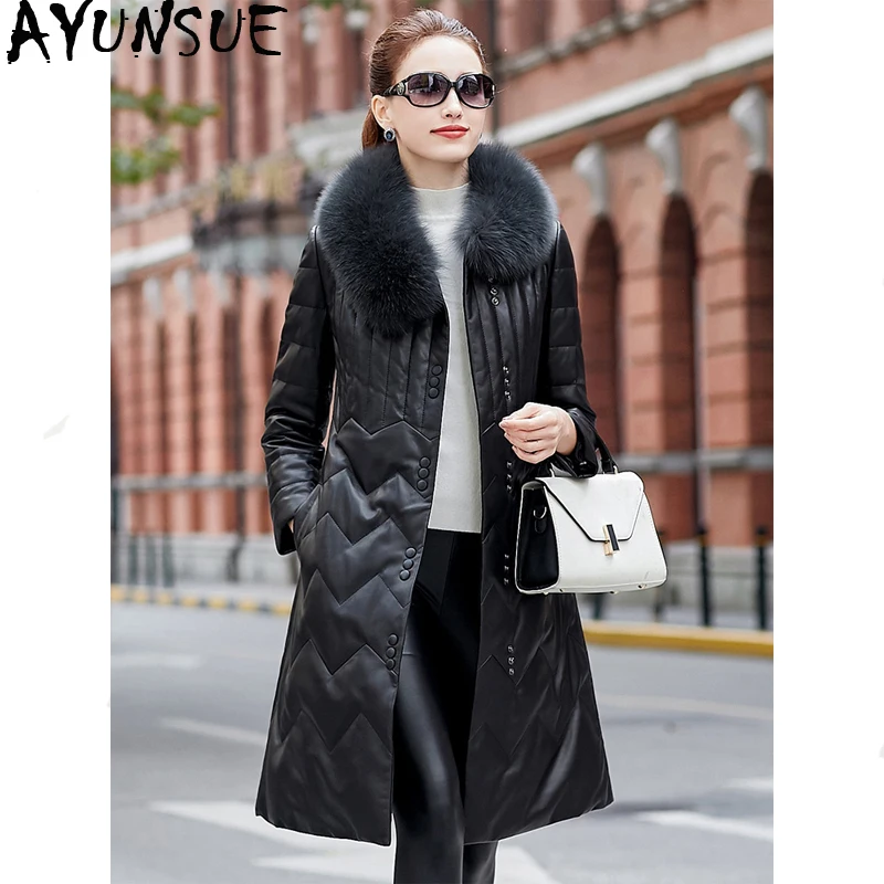 

AYUNSUE Genuine Leather Jacket 100% Real Sheepskin Coat Winter Jacket Women Fox Fur Collar Long Down Jackets clothes MY4031