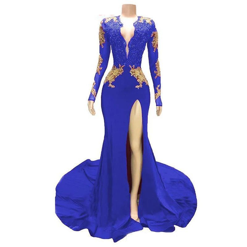 PD139 Royal Blue Backless Mermaid formalne suknie wieczorowe Plus rozmiar złote kryształowe aplikacje frezowanie formalna suknia na bal maturalny 2020