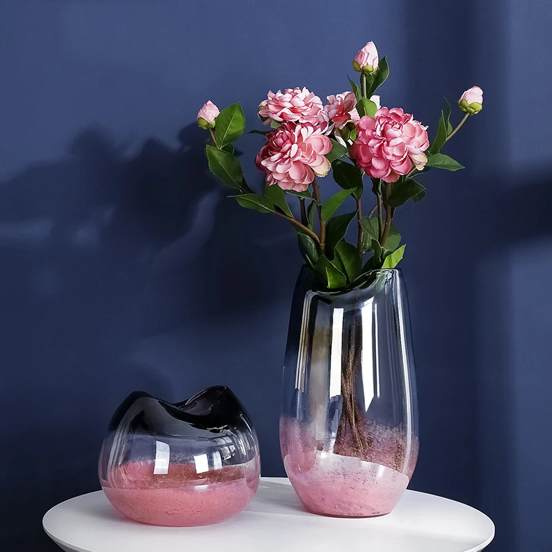 

Pink Vases For Home Decor Flat Mouth Flower Pot Creative Glass Vase Living Room Tabletop Decorations Vase ваза 화분