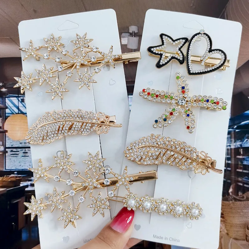 Gold Color Hair Clips Set Vintage Feather Starfish Crystal Pearls Hairpin For Women Fashion Headwear Hair Accessories 2022 New