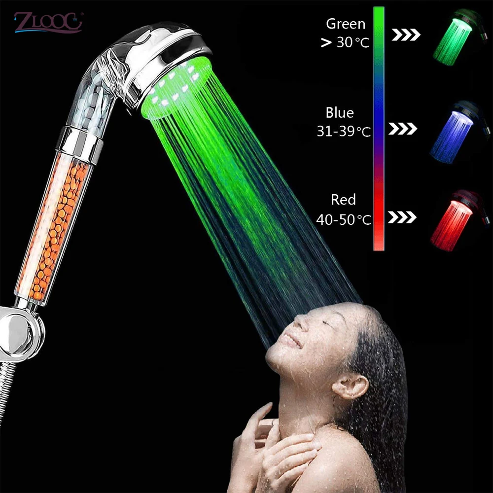 Zloog Bathroom LED Shower Head Color Changing Temperature Sensor Handheld Showerhead Spa High Pressure Anion Filter Shower Head