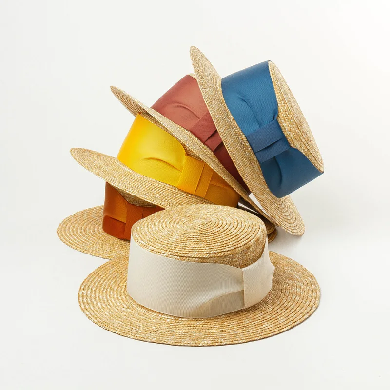 

Elegant 7cm Brim Beach Boater Hat Summer Wheat Straw Hat For Women Straw Sun Hat Flat Derby With Sun Protection Colored Ribbon