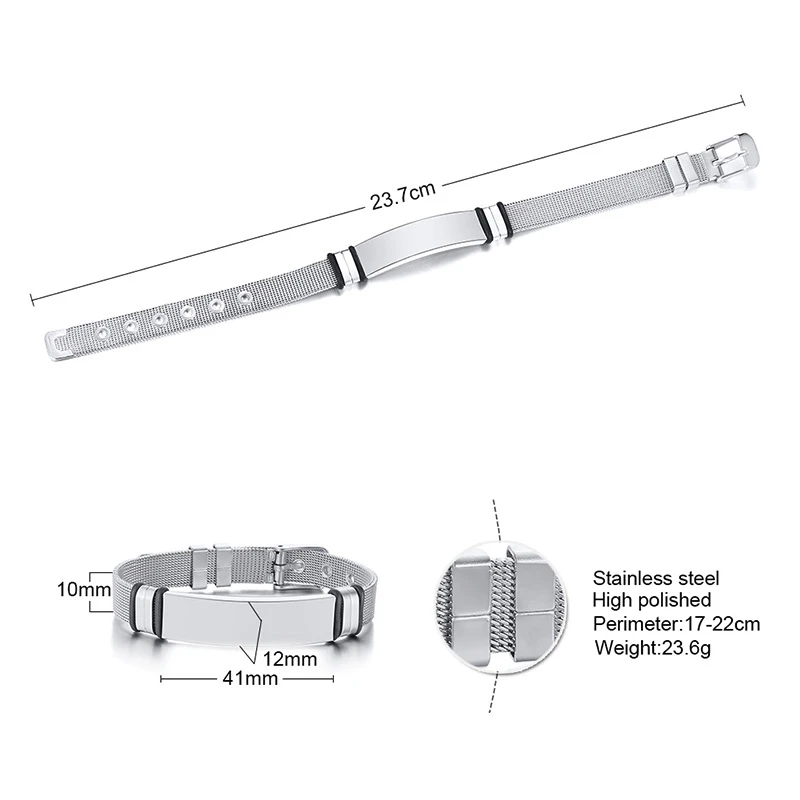 MESH BRACELET FOR MEN WOMEN SILVER STAINLESS STEEL METAL ADJUSTABLE ENGRAVABLE UNISEX BRACELETS