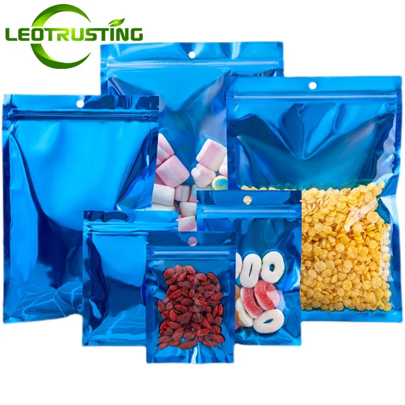 100PCS Clear Front Glossy Blue Flat Plastic Zipper Storage Bag Resealable Sugar Snack Coffee Beans Candy Tea Packaging Pouches