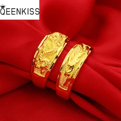 QEENKISS-Anel Dourado Dragão e Fênix para homens e mulheres, anel vintage ajustável, jóias de casamento, casais amantes, presente nupcial do noivo, 24KT, RG519