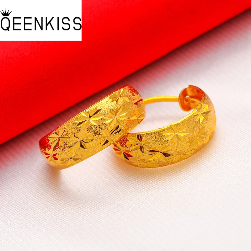 QEENKISS Gold Vintage Star Wide Round Hoop Earring For Woman Birthday Wedding Party Christmas Mother Girlfriend Lady Gift EG549