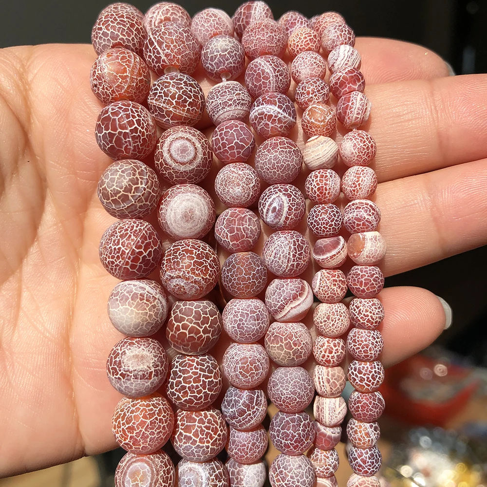 Natural Round Stone Frosted Red Cracked Dream Fire Dragon Veins Agates Beads For Jewelry DIY Making Bracelet 15''Inches 6 8 10mm
