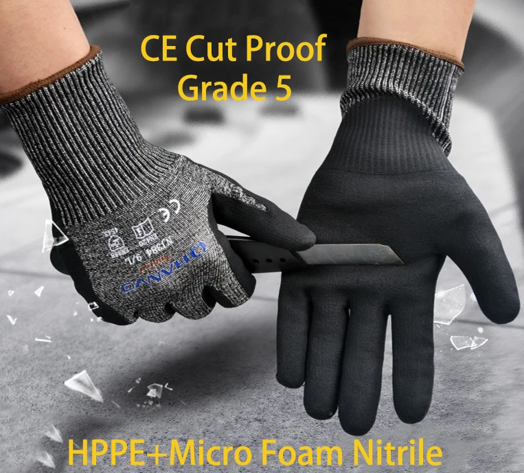 Anti Cut Proof Work Glove ANSI A4 Micro Foam Nitrile HPPE Stain Steel Maxi High Flex Cut Resistant Glass Safety Butcher Mittens