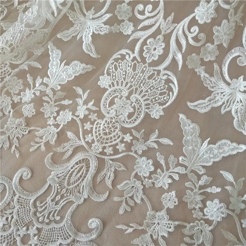 Gorgeous Embroidered Lace Off White Sequined Bridal Lace Fabric for Wedding, Gowns, Table Cloth, Curtain