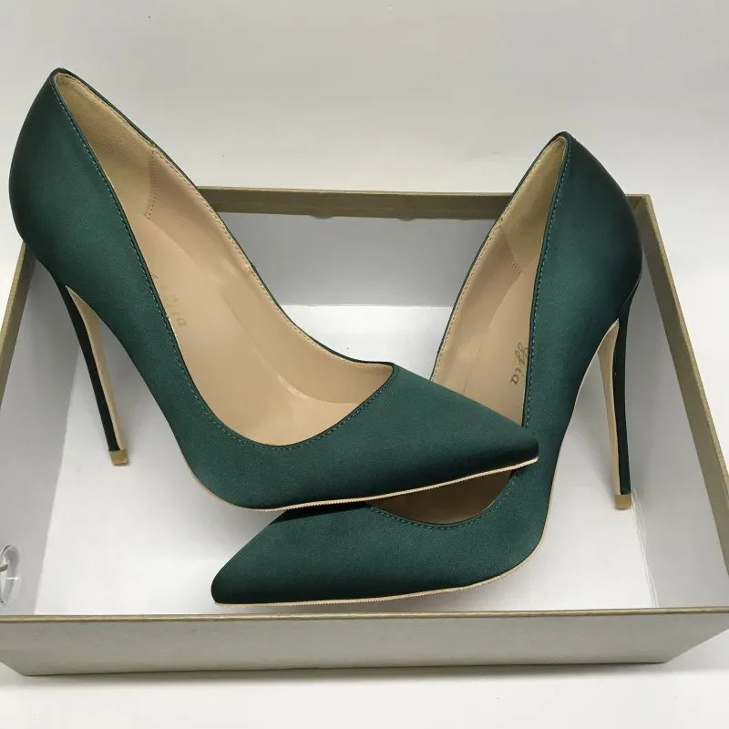 Silk Green Pointed Toe High Heels Women's Shoes Thin Heel Shallow Single Shoes 2021 Autumn New Office Lady Slip-on Lady Shoes