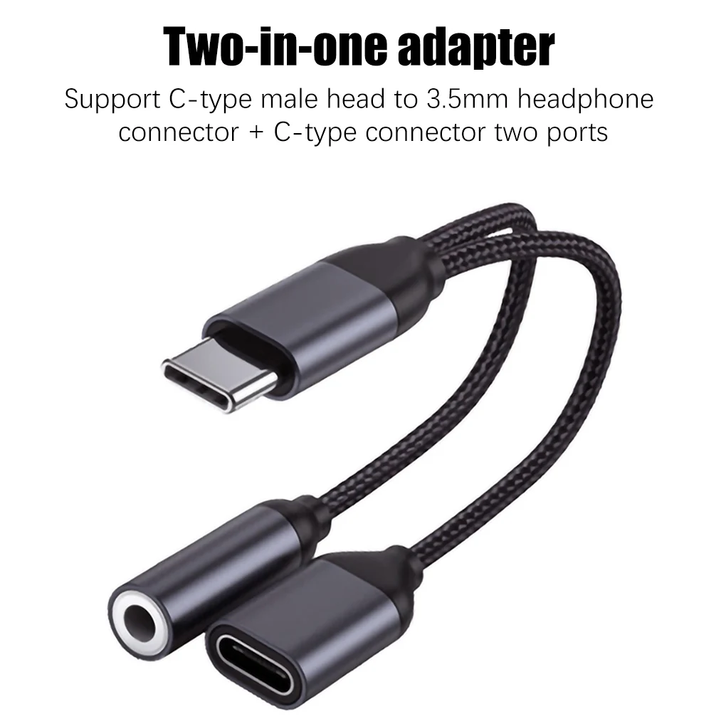 Earphone Adapter Type-C to 3 5mm Audio Charger Adapter 2-in-1 Audio Charging Cable  Black