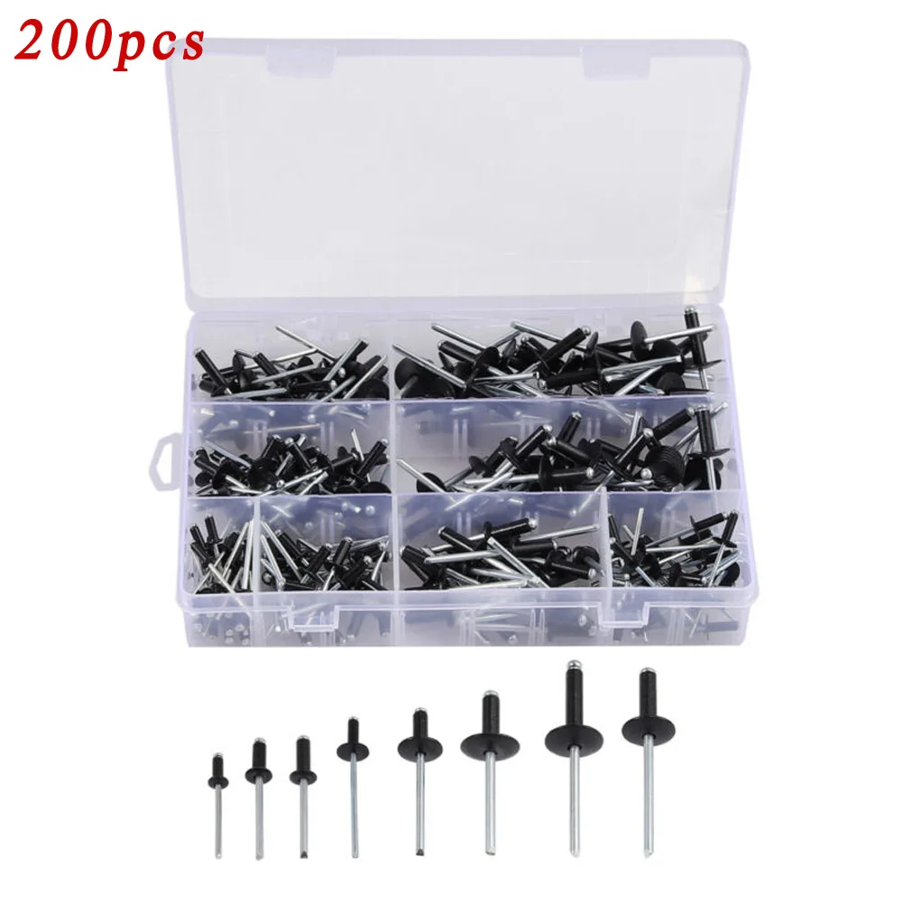 

200pcs/Set Assorted Black Rivets Standard Large Flange 8-18mm Multi Grip POP Open Hollow Blind Rivet Nail Rebite Blindniete